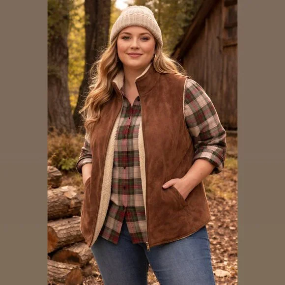 Lands End Faux Suede Sherpa Vest Women’s XL Petite 18-20 Brown Lined Full Zip - Picture 1 of 16